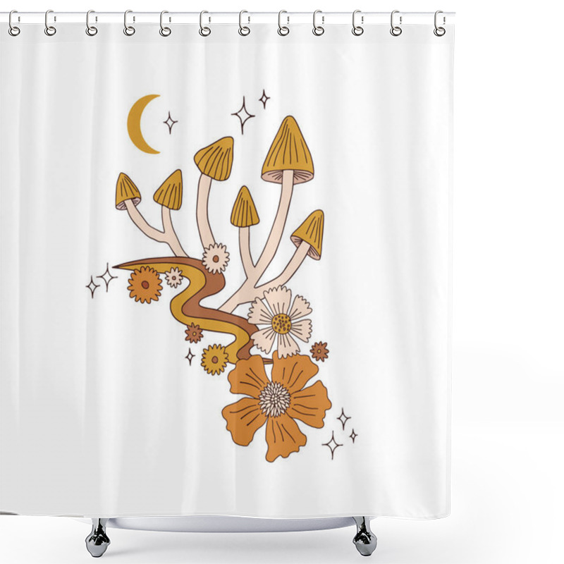 Personality  Magical Mushrooms On Moony Rainbow Path Floral Vector Illustration Shower Curtains