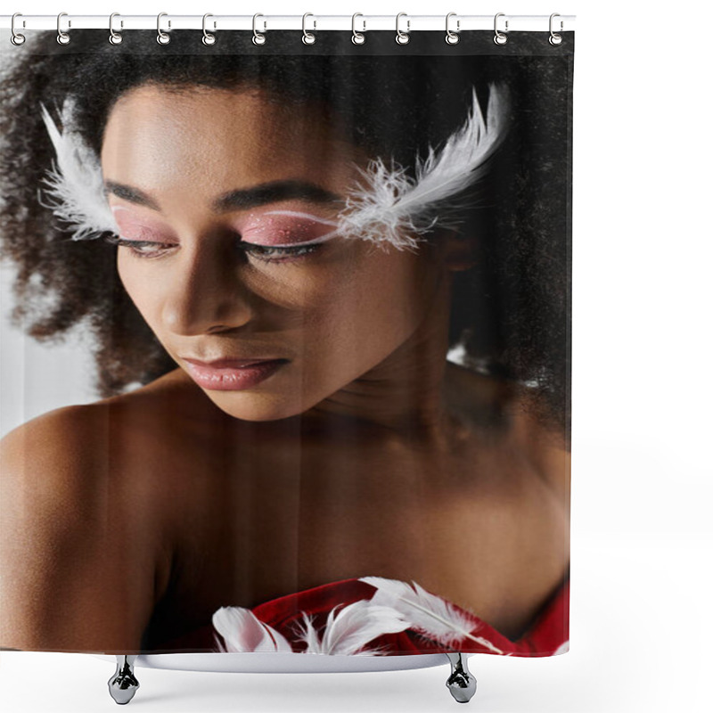 Personality  A Stylish Young Woman Showcases Her Beauty And Flair In A Striking Red Ensemble With Feather Accents. Shower Curtains