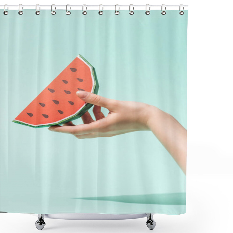 Personality  Cropped View Of Young Woman Holding Paper Watermelon With Seeds On Turquoise Shower Curtains