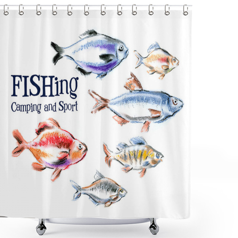 Personality  Fresh Fish And Seafood On White Background Shower Curtains