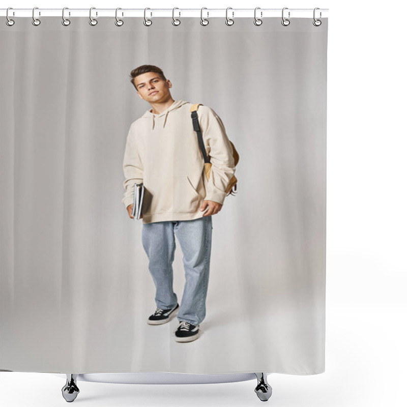 Personality  Cheerful Student In His 20s With Backpack Standing And Holding Notes Against Grey Background Shower Curtains