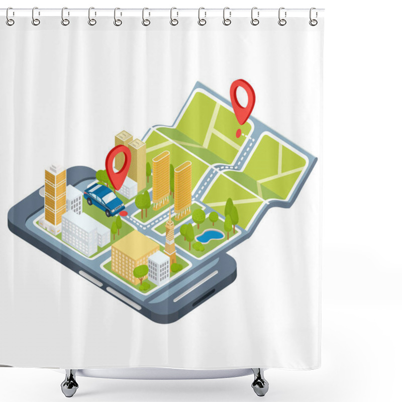 Personality  Vector Illustration Of The Concept Of Using The Mobile Application Of The Global Positioning System. Shower Curtains