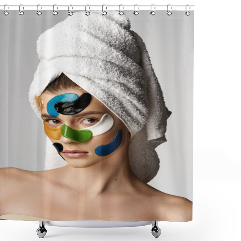 Personality  A Beautified Young Woman With Eye Patches Relaxes With A Towel Wrapped Around Her Head In A Spa Setting. Shower Curtains