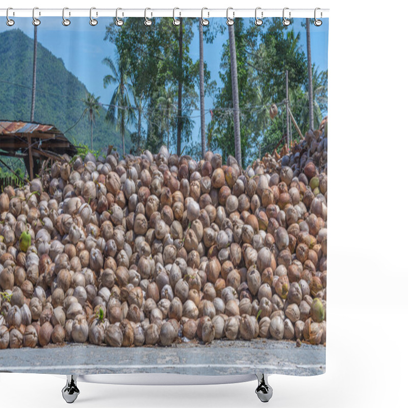 Personality  Stack Of The Coconut Beside The Street For Coconut Oil Industry Shower Curtains