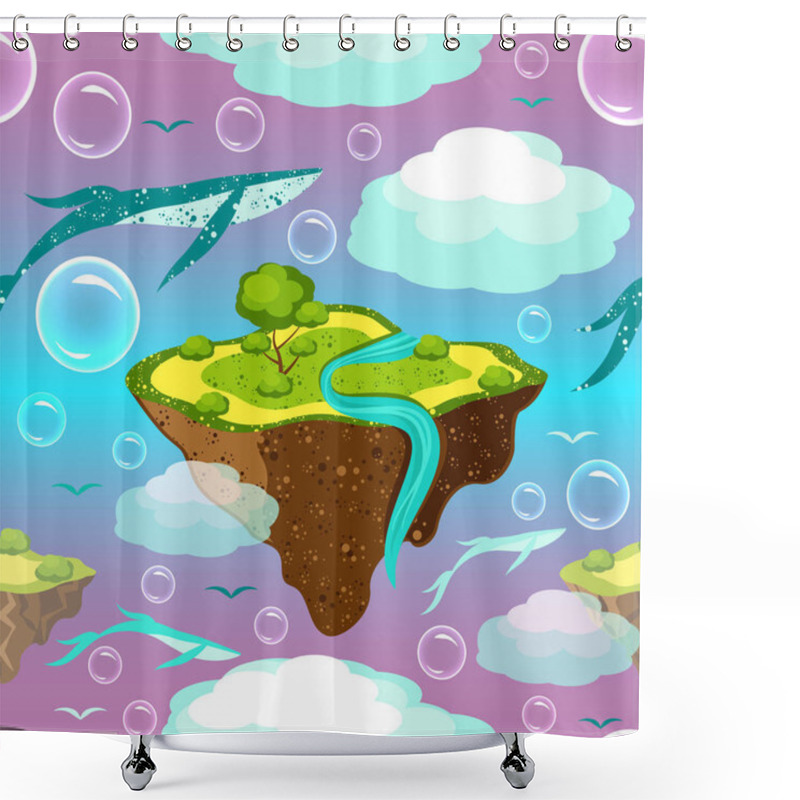 Personality  Childrens Fantastic Pattern. Flying Islands And Whales. Islands, Whales, Birds, Bubbles Fly Or Float In The Sky. On The Islands Of Grass, A Tree, A River. Purple Blue Background Shower Curtains