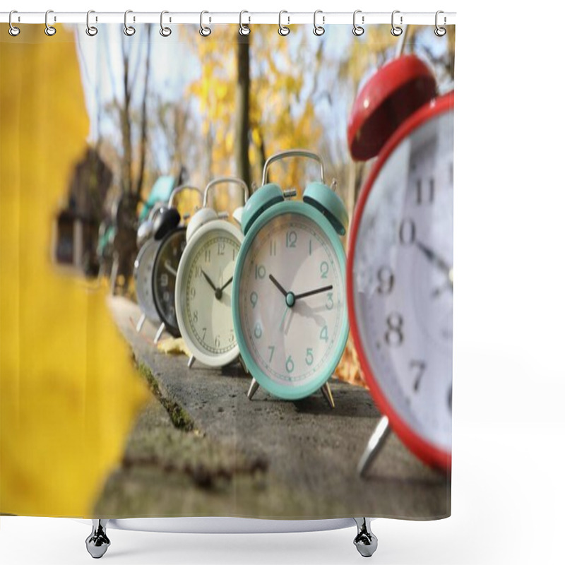 Personality  Alarm Clocks On Paved Pathway In Park At Autumn, Closeup Shower Curtains