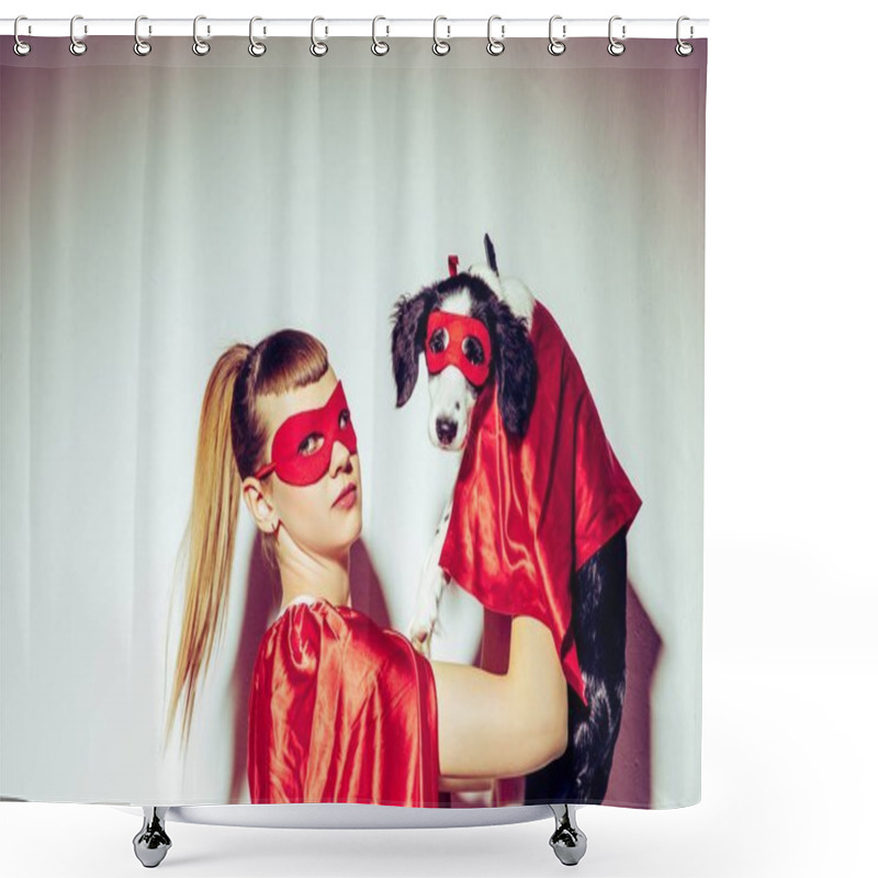 Personality  Side View Of Young Woman And Puppy In Superhero Costumes Shower Curtains