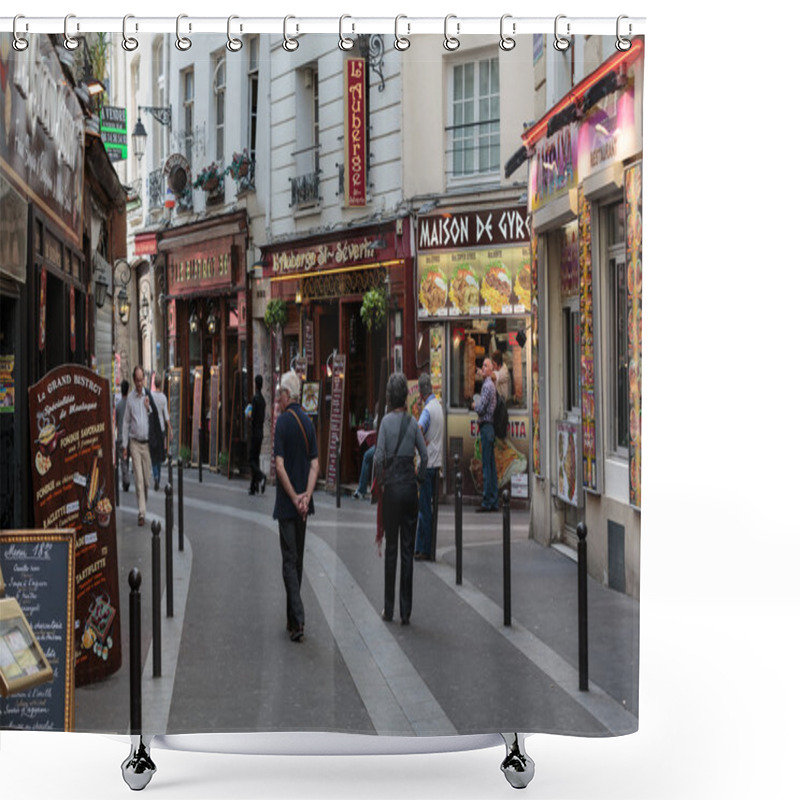 Personality  Latin Quarter Of Paris, France. Narrow Street Of Paris Among Old Traditional Parisian Houses And Cafe In Paris. Shower Curtains