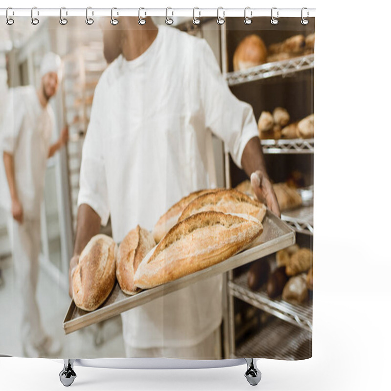 Personality  Cropped Shot Of African American Baker Taking Bread Loaves From Oven At Baking Manufacture Shower Curtains