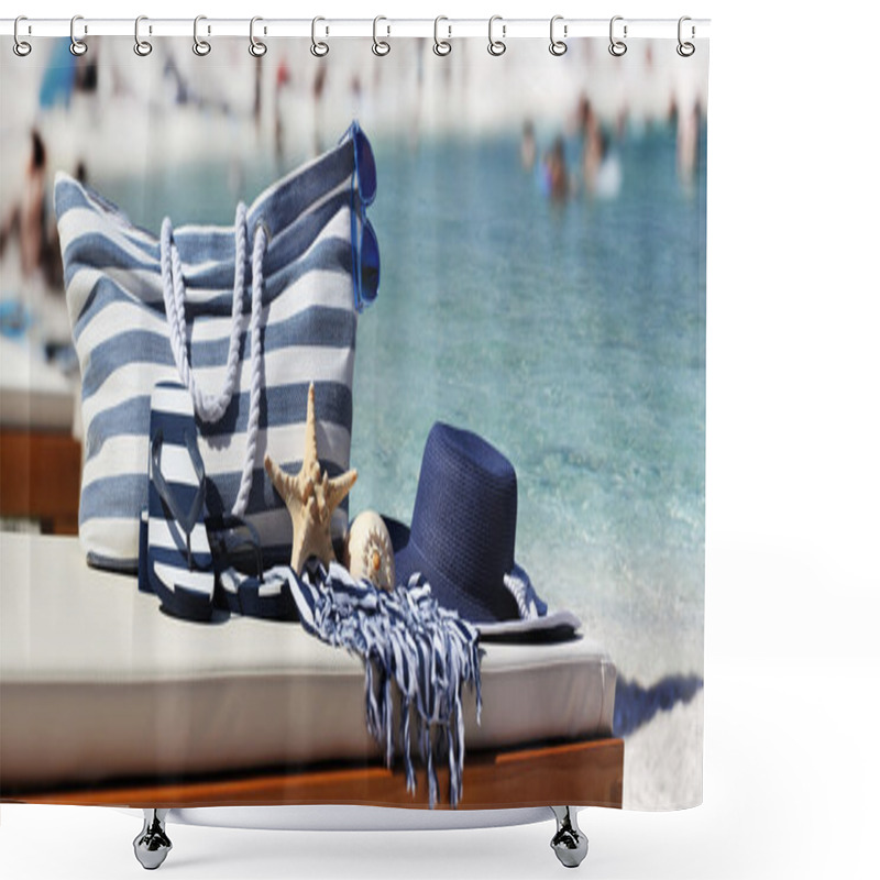 Personality  Bag With Hat, Sandals, Starfish, Sea Shell And Towel On The Beac Shower Curtains