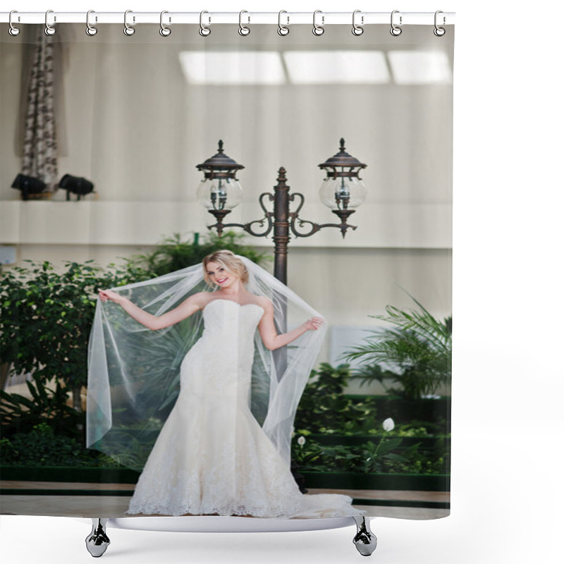 Personality  Gorgeous Blonde Bride With Long Veil Posed At Great Awesome Wedd Shower Curtains