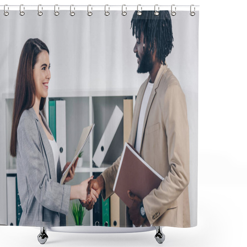 Personality  African American Employee And Recruiter With Documents Looking At Each Other, Smiling And Shaking Hands In Office Shower Curtains