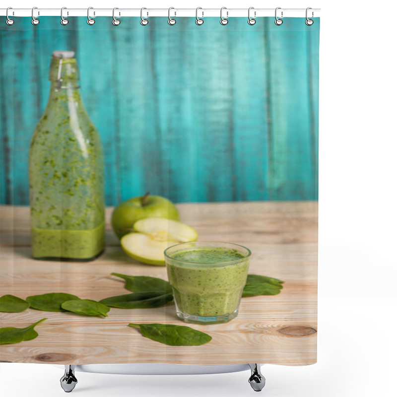 Personality  Apples With Smoothie In Glass On Wooden Table Shower Curtains