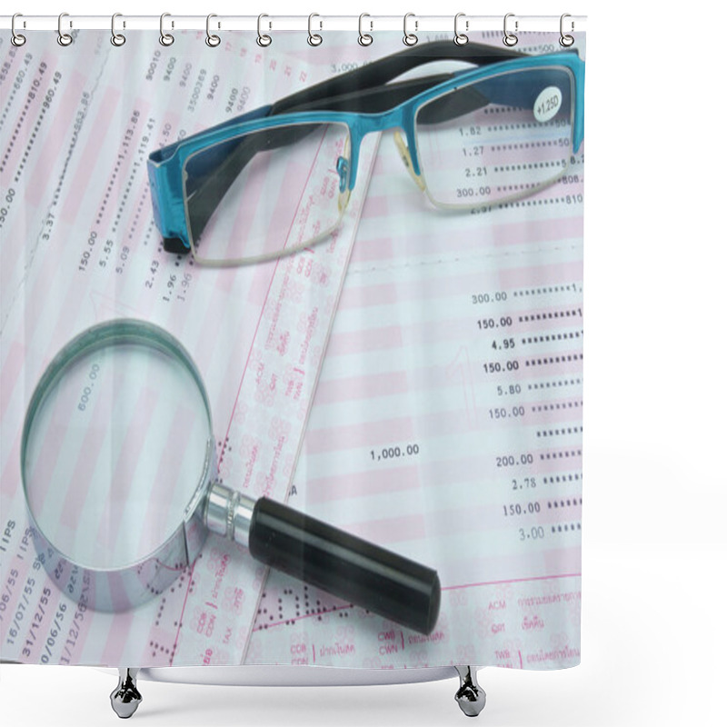 Personality  Magnifier And Spectacles On Bank Account Shower Curtains