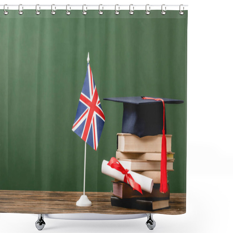 Personality  Books, Academic Cap, Diploma And British Flag On Wooden Surface Isolated On Green Shower Curtains