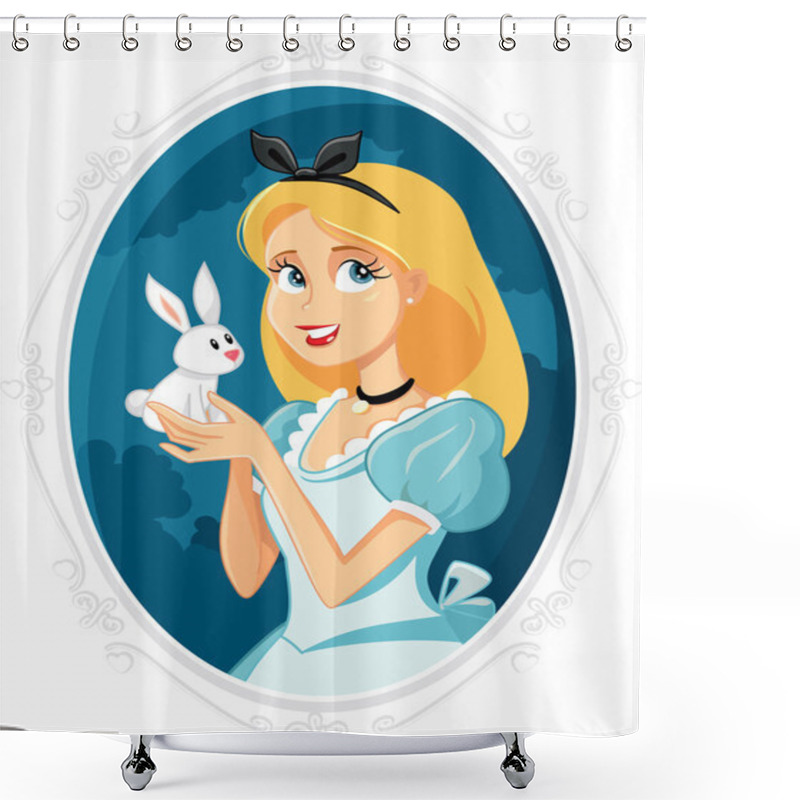 Personality  Alice In Wonderland With Little White Rabbit Vector Illustration Shower Curtains