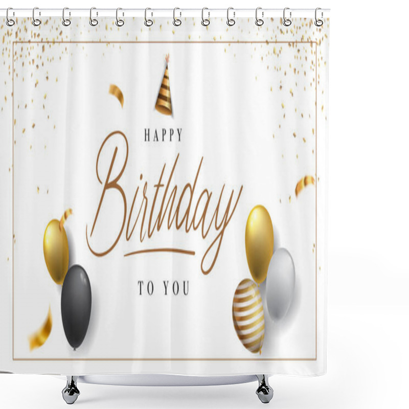 Personality  Happy Birthday Lettering Text Banner, Handwritten Lettering On White Background, With Balloon, Hat, Confetti, Simple And Elegant Design. Shower Curtains