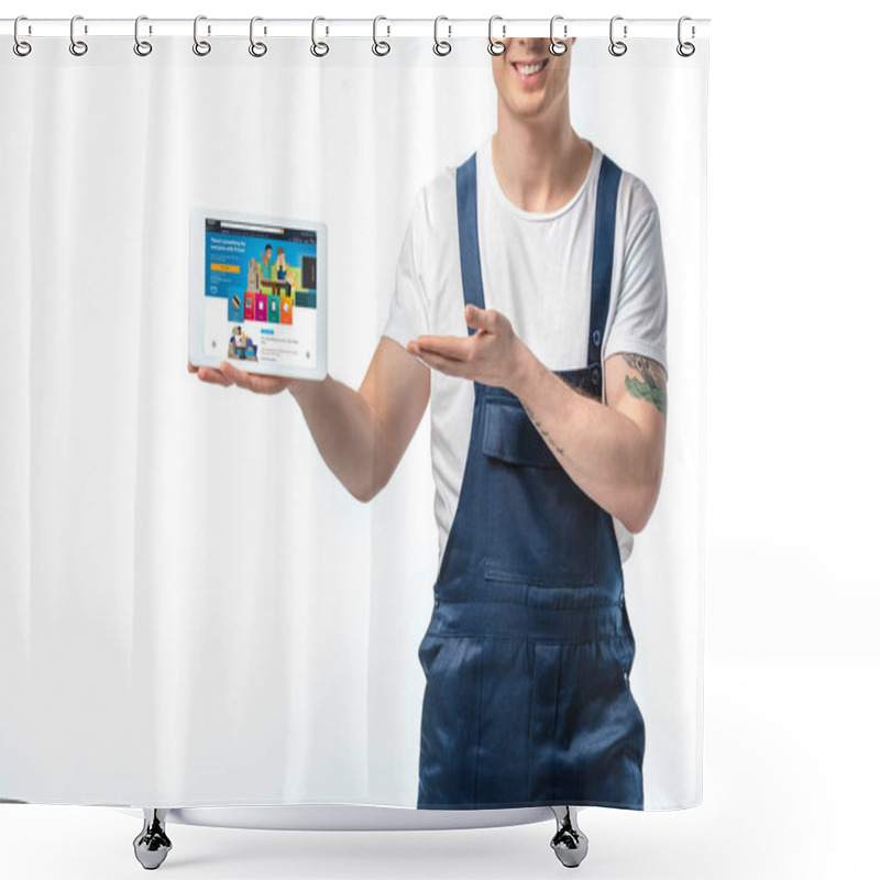 Personality  Cropped View Of Smiling Mover Gesturing And Presenting Digital Tablet With Amazon App On Screen Isolated On White Shower Curtains