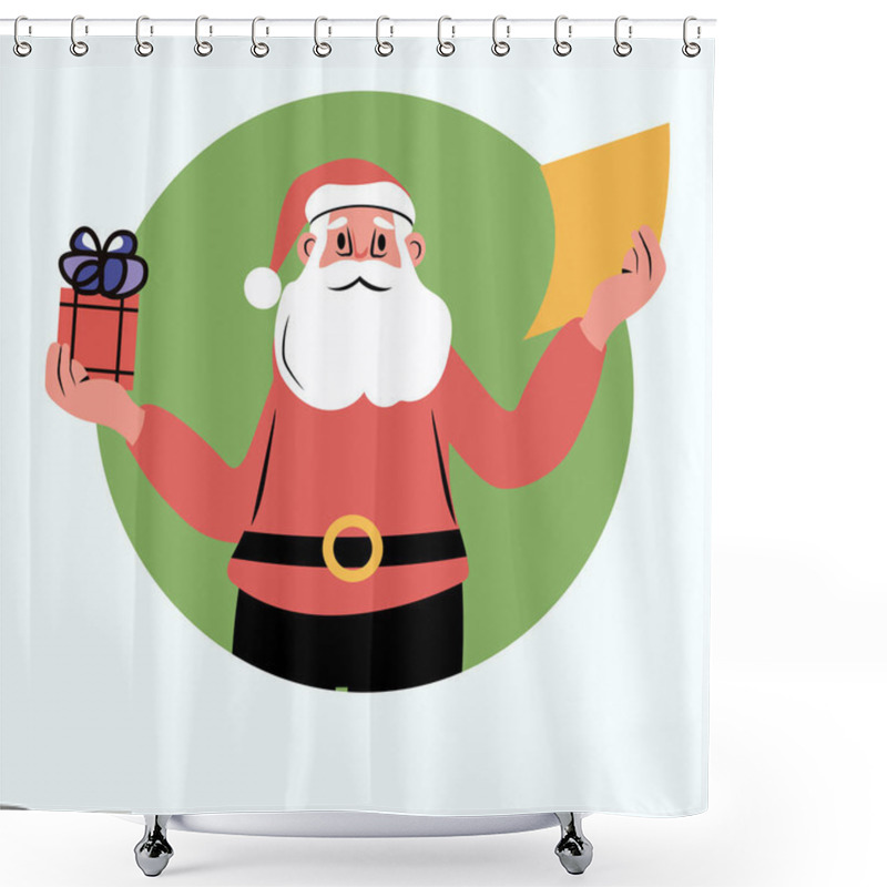 Personality  Santa Claus Holding Gift List Festive Holiday. Cheerful Santa In Red Suit With Present And Paper In Green Circle Background. Perfect For Christmas Designs. Vector Illustration. Shower Curtains