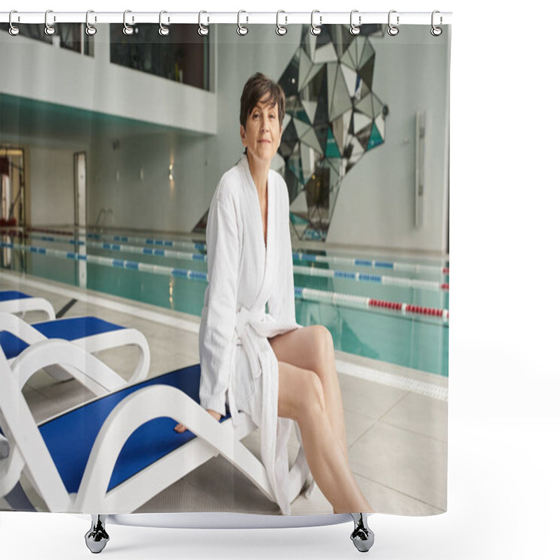 Personality  Middle Aged Woman Sitting On Lounger, White Robe, Spa Center, Indoors, Swimming Pool, Look At Camera Shower Curtains