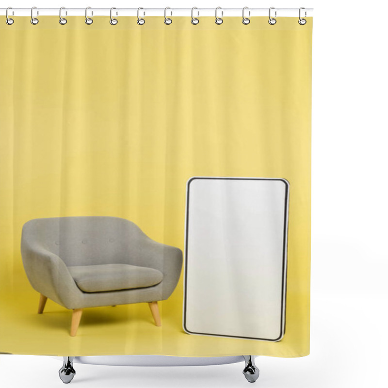 Personality  Vertical View Of White Mock-up Of Mobile Phone Near Grey Armchair On Yellow Background Shower Curtains