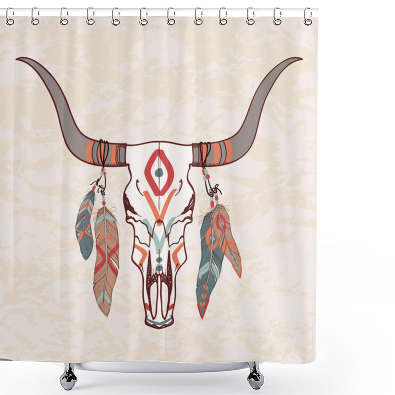 Personality  Vector Illustration Of Bull Skull With Feathers Shower Curtains