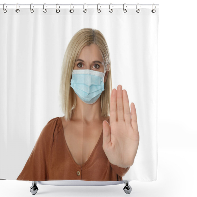 Personality  Woman In Protective Mask Showing Stop Gesture On White Background. Prevent Spreading Of Coronavirus Shower Curtains