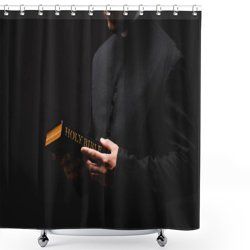 Personality  Cropped View Of Bearded Priest Holding Holy Bible In Hands Isolated On Black  Shower Curtains