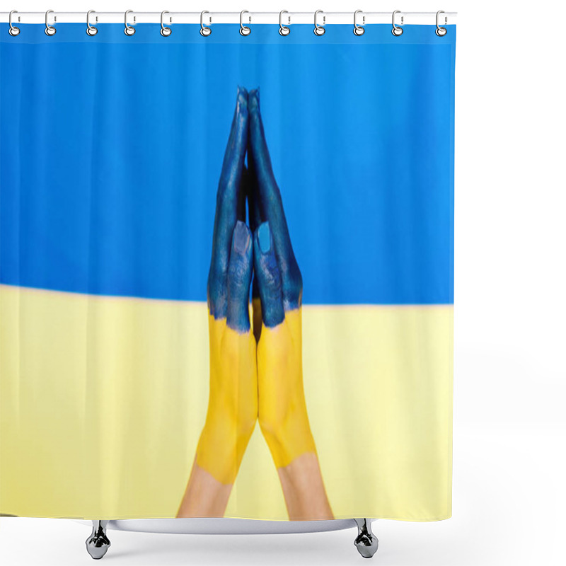 Personality  Cropped View Of Painted Praying Hands On Ukrainian Flag Background Shower Curtains