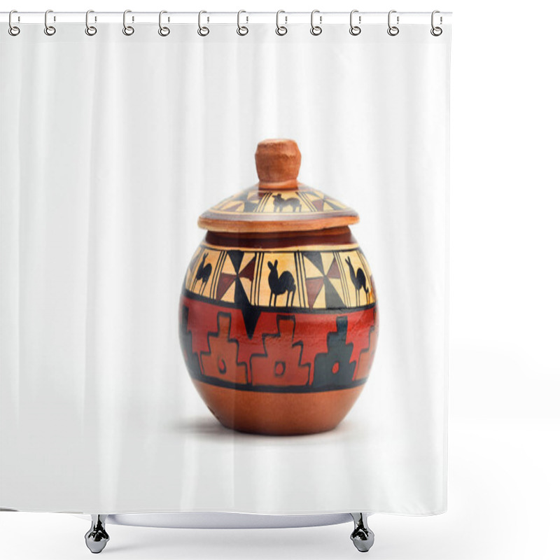 Personality  Painted Handmade Ceramic Pot With Lid Isolated On White Shower Curtains