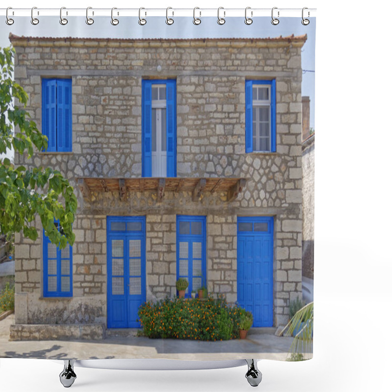 Personality  Greek Island, Old Stone House With Blue Doors And Windows Shower Curtains