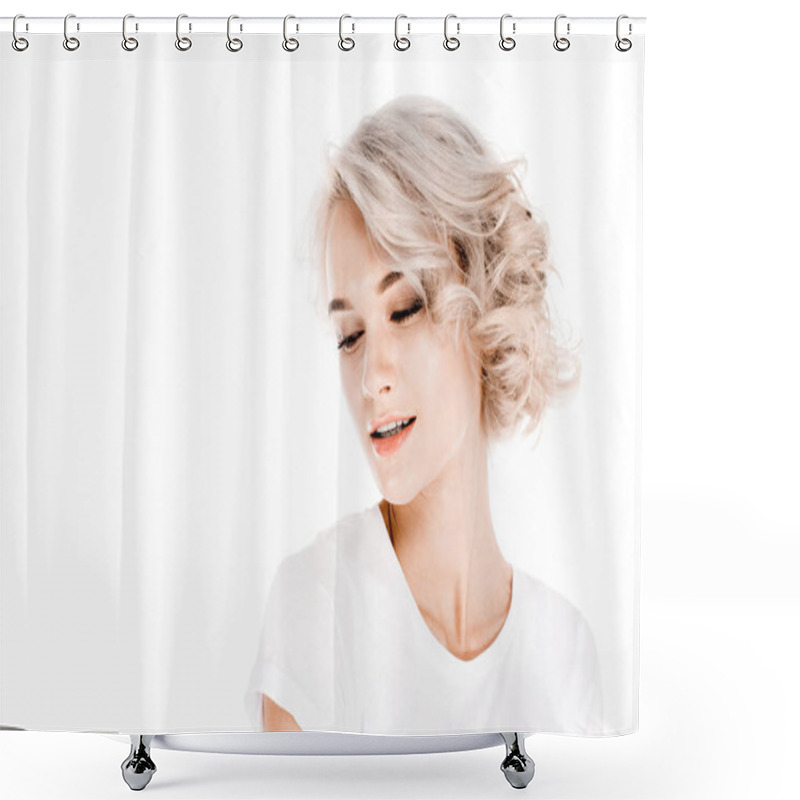 Personality  Beautiful Blonde Young Adult Woman Isolated On White Shower Curtains