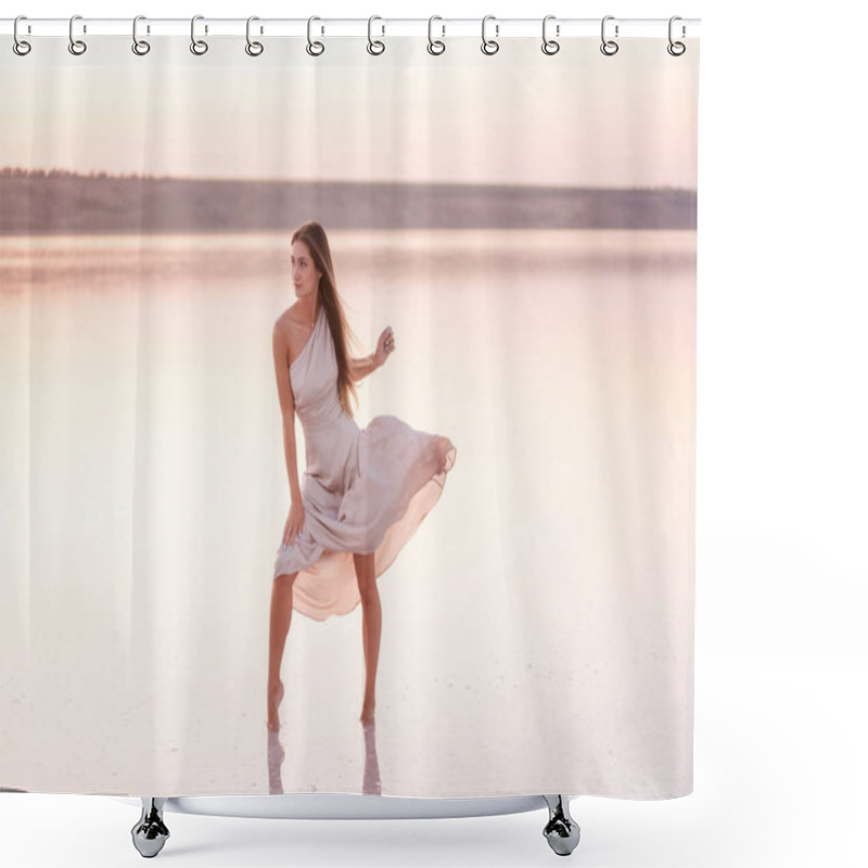 Personality  Young Blonde Woman In An Evening Airy Pastel Pink, Powdery Dress Stands Barefoot On White Crystallized Salt. Girl With Natural Make-up, Hair Is Developing. Salt Mining Trip, Walking On Water At Sunset Shower Curtains