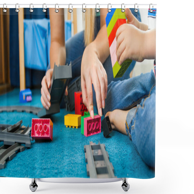 Personality  Closeup Image Of Young Caring Mother Helping Her Son Building Toy Railroad Shower Curtains