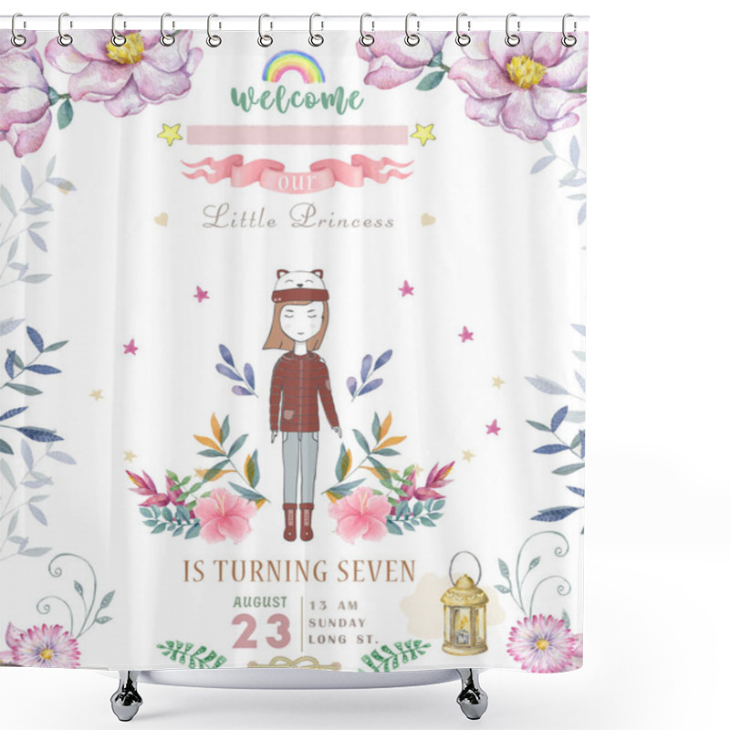 Personality  Happy Birthday Card With Cute Little Princess And Pink Flowers And Flower. Beauty Design Card For Celebration, Invite On White Background Shower Curtains