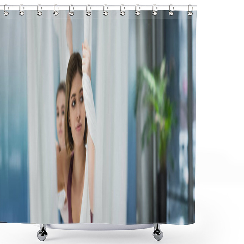 Personality  Young Sportswoman Looking Away While Training With Fly Yoga Hammock, Blurred Foreground, Banner Shower Curtains