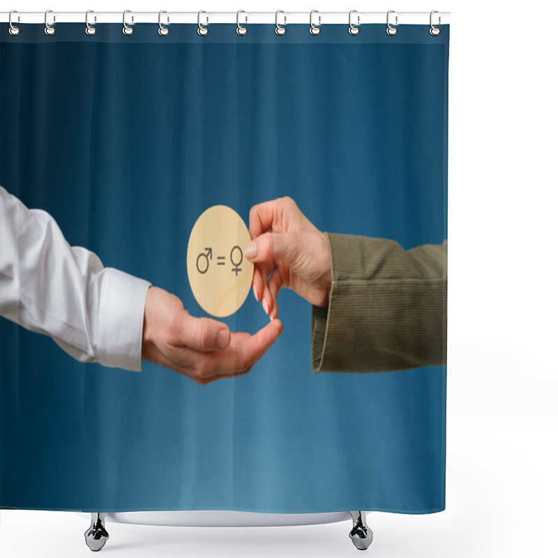 Personality  Gender Equality Conceptual Image - Female Hand Giving Her Male Partner A Wooden Cut Circle With Male And Female Signs On It. Shower Curtains