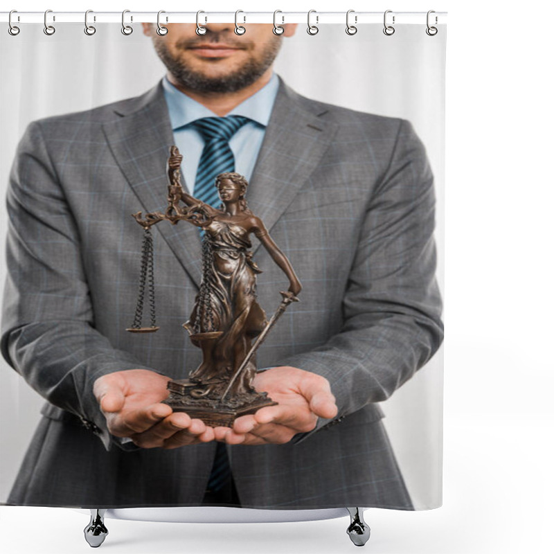 Personality  Cropped Shot Of Lawyer Holding Lady Justice Statue Isolated On White  Shower Curtains