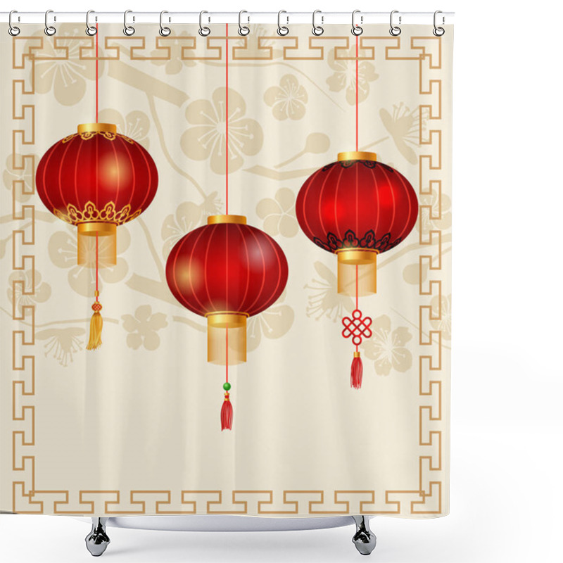 Personality  Japanese Or Chinese Background With Lanterns And Sakura Shower Curtains