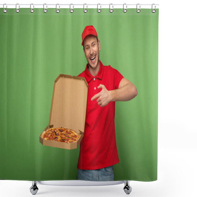 Personality  Happy Delivery Man In Red Uniform Pointing With Finger At Pizza Box On Green Shower Curtains