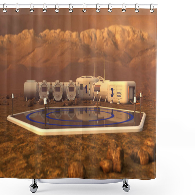 Personality  Landing Ares. The Colony On Mars. Autonomous Life On Mars. 3D Rendering Shower Curtains