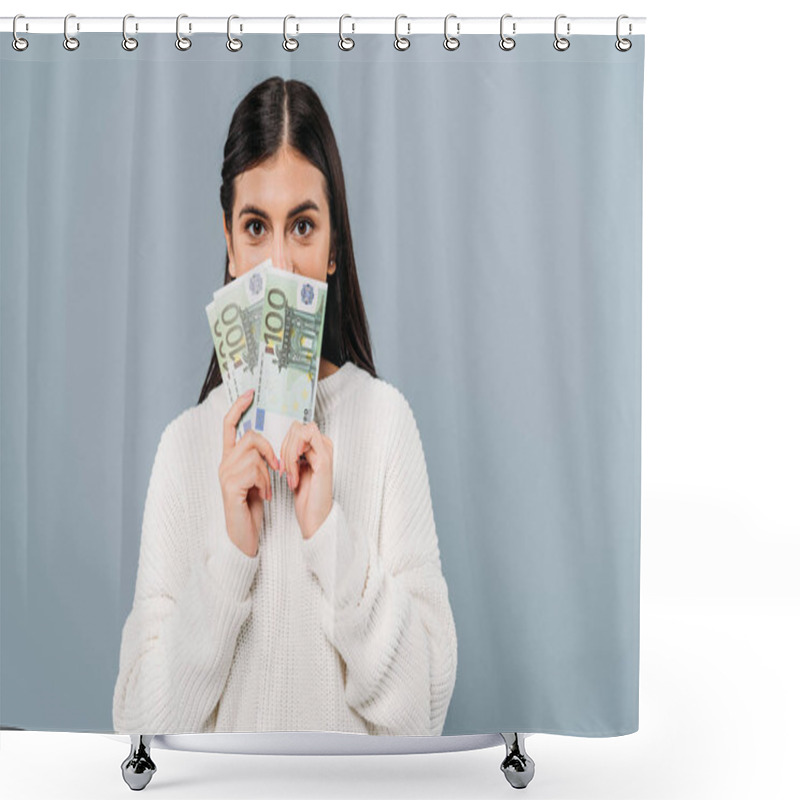 Personality  Pretty Girl In White Sweater Holding Euro Banknotes Near Face Isolated On Grey Shower Curtains