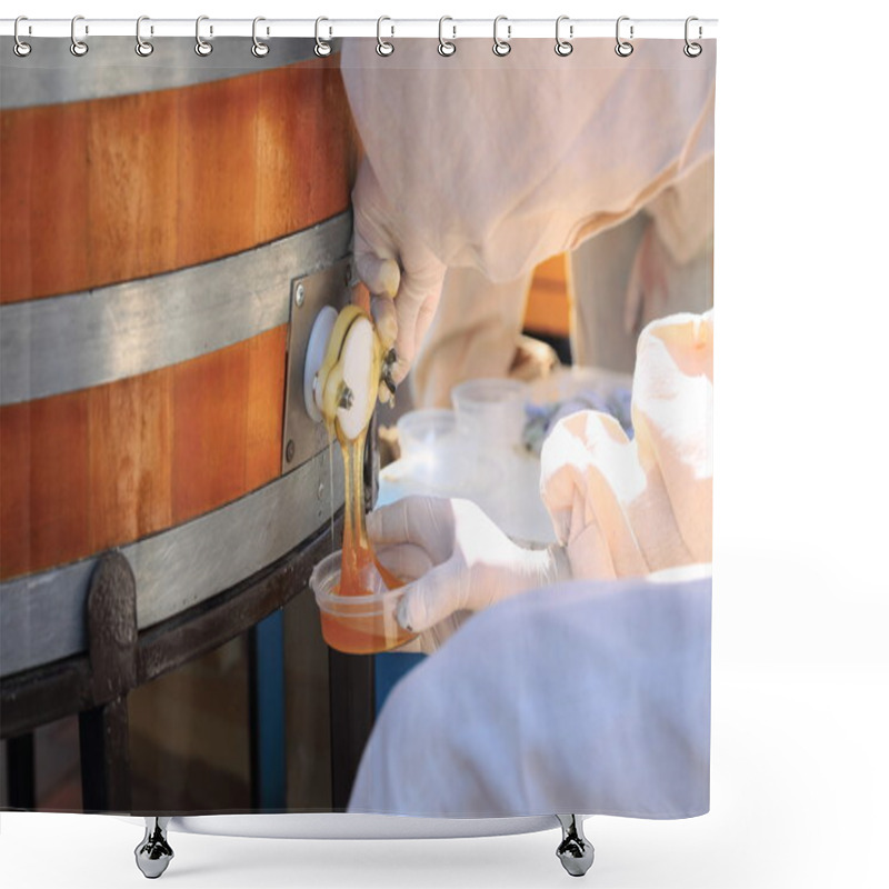 Personality  Man Pours Honey From The Barrel Shower Curtains