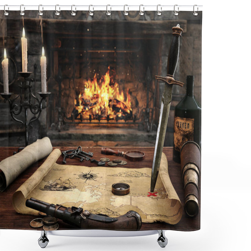 Personality  Quest For Treasure. Background Of A Pirate Captains Quarters With A Plotted Map Leading To Treasure. 3d Rendering Shower Curtains