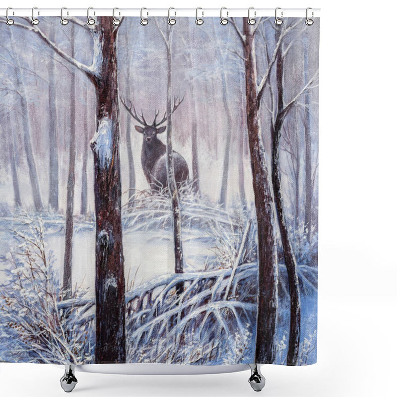 Personality  Deer In Forest With Snow In The Winter Season. Original Oil Painting. Shower Curtains