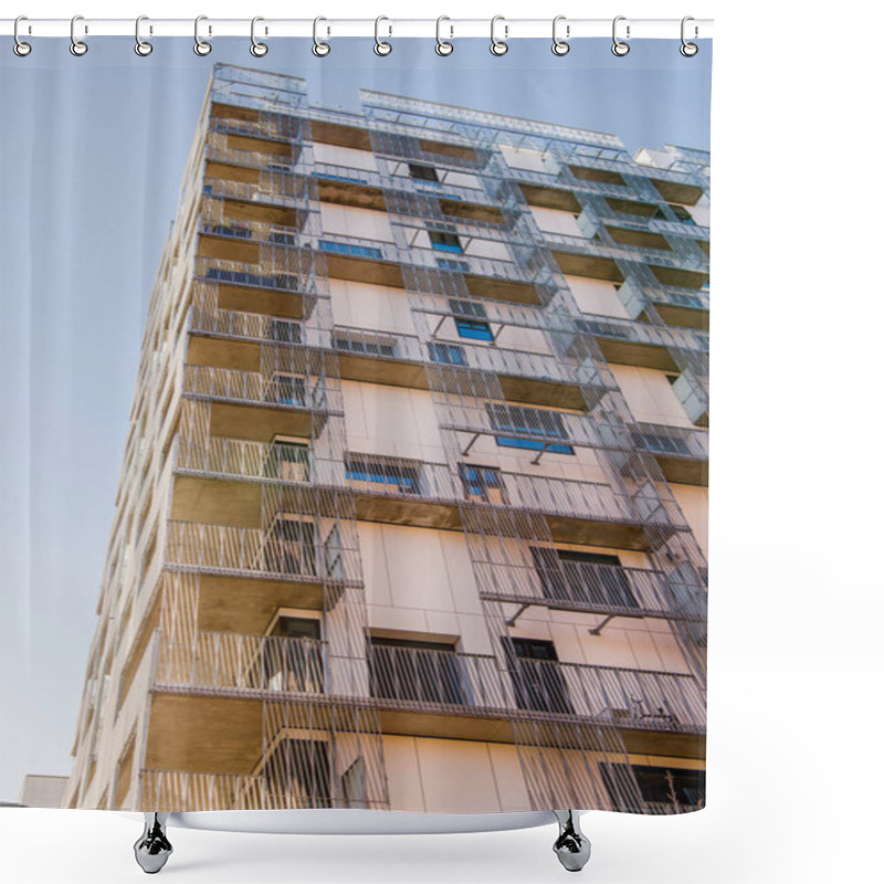 Personality  Low Angle View Of Modern Building With Balconies And Windows Against Sky At Barcode District, Oslo  Shower Curtains