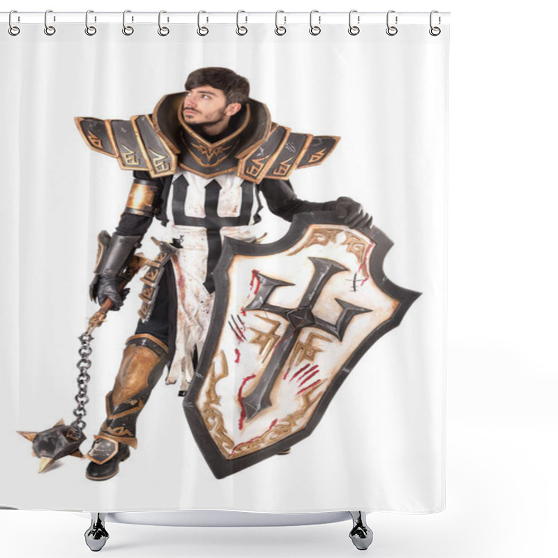 Personality  Young Man Cosplaying With Fantasy Knight Costume Shower Curtains