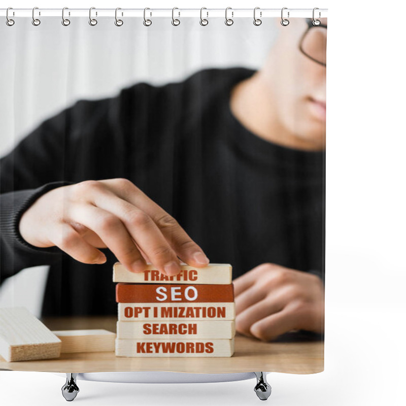 Personality  Selective Focus Of Seo Manager Holding Wooden Rectangle With Traffic Illustration  Shower Curtains