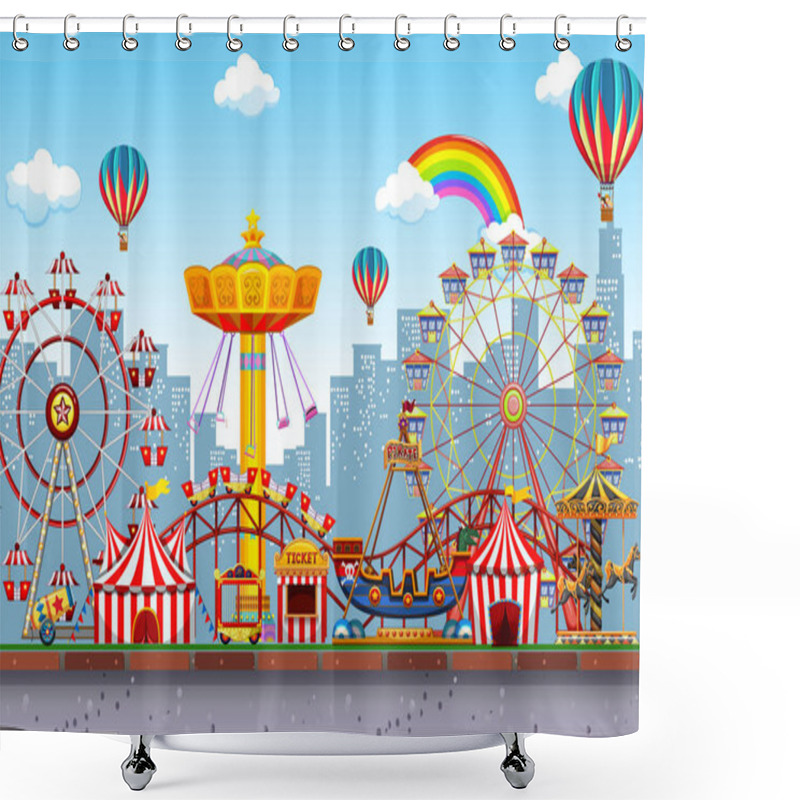 Personality  Themepark Scene With Many Rides In The City Illustration Shower Curtains