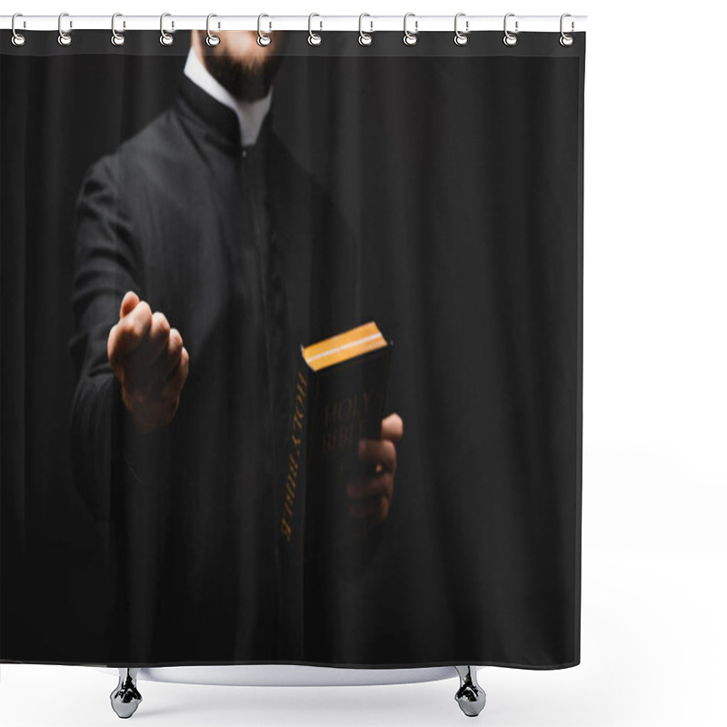 Personality  Cropped View Of Priest Holding Holy Bible While Showing Fist Isolated On Black  Shower Curtains